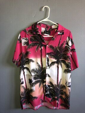 Original Use Men's Large Hawaiian Shirt Pink Black Palm Tree Print Button Up
